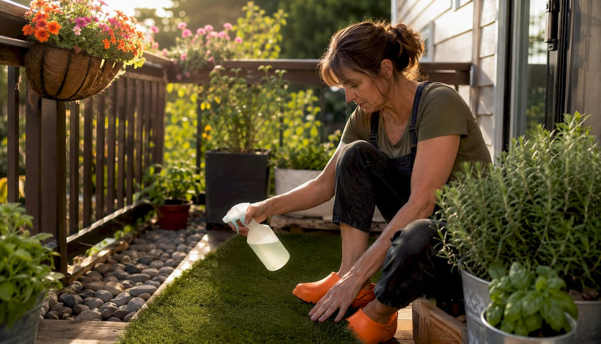 Woman applying enzyme cleaner on artificial grass