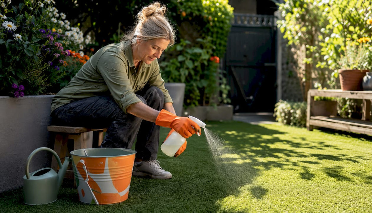 Gardener applying enzyme cleaner on artificial grass