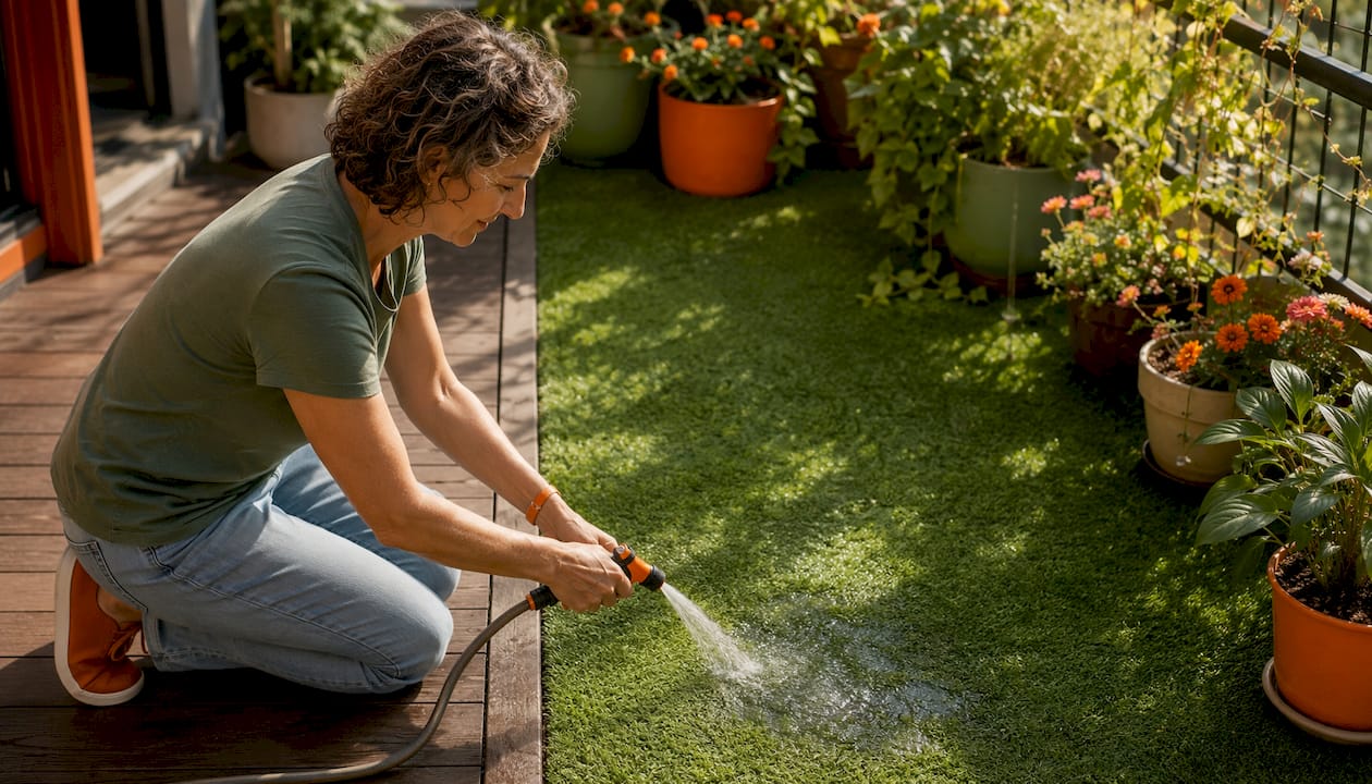 Woman rinsing dog urine spot on artificial grass