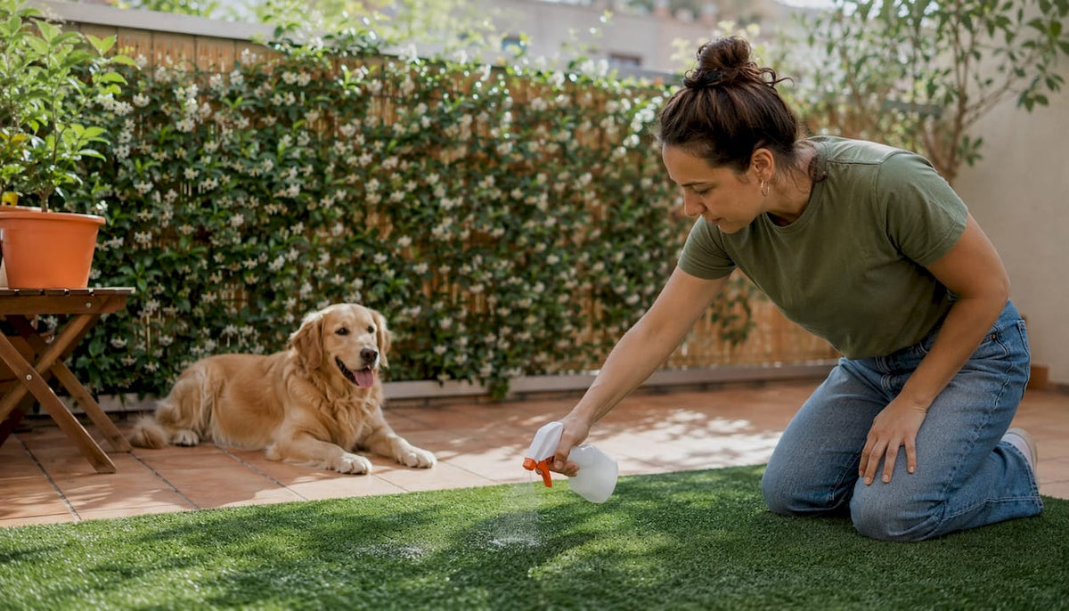 Woman spraying enzyme cleaner on artificial grass