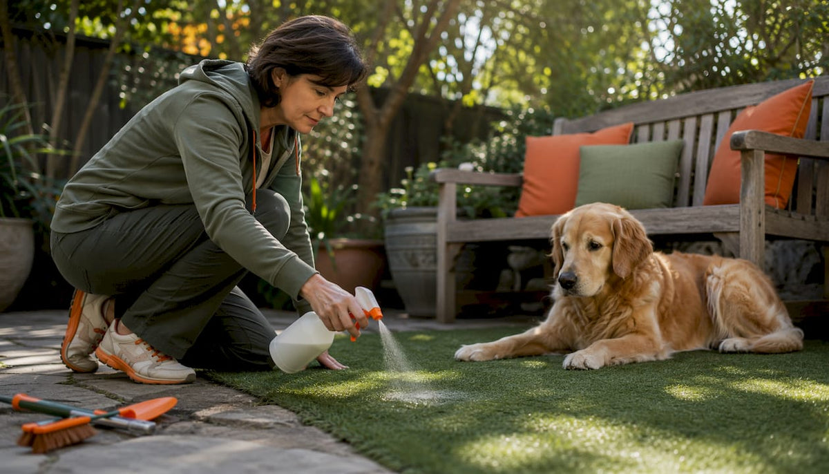 Woman cleaning artificial grass with dog nearby