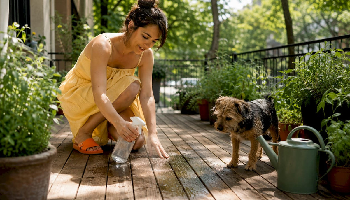 Mother using child-safe patio cleaner with dog nearby