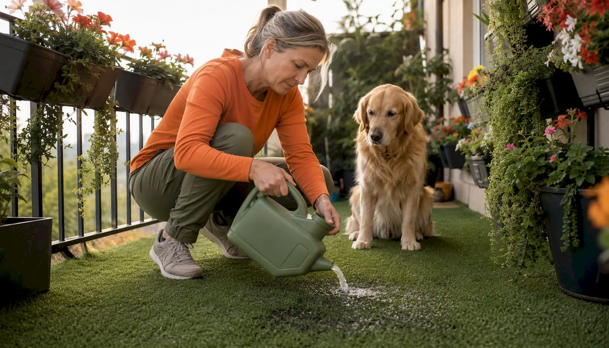 Woman applying enzyme cleaner on artificial grass