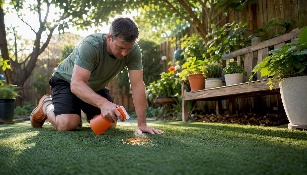 Man applying enzyme cleaner on artificial grass