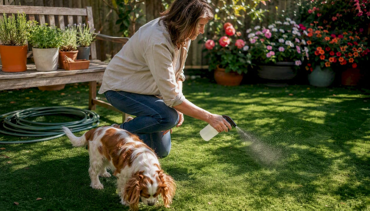 Person spraying enzyme cleaner on artificial grass