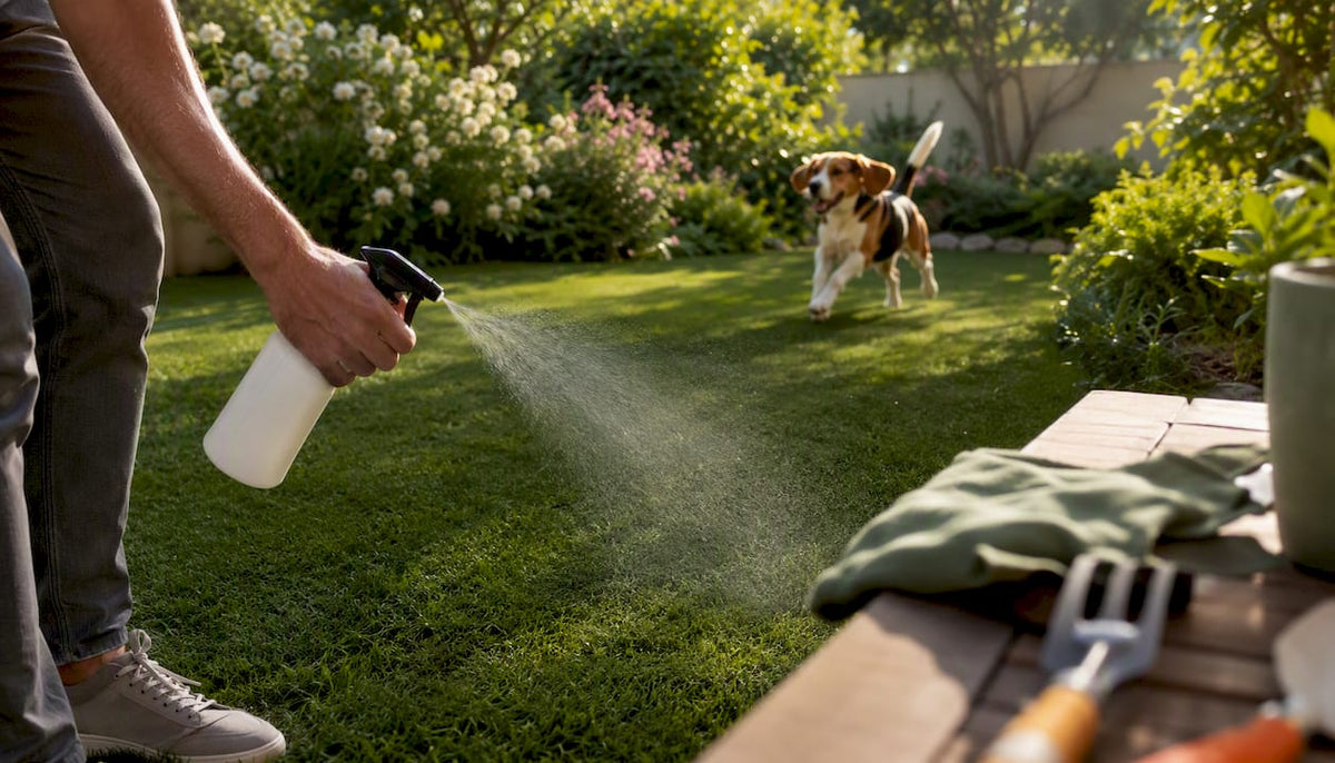 Homeowner spraying enzyme cleaner on artificial grass