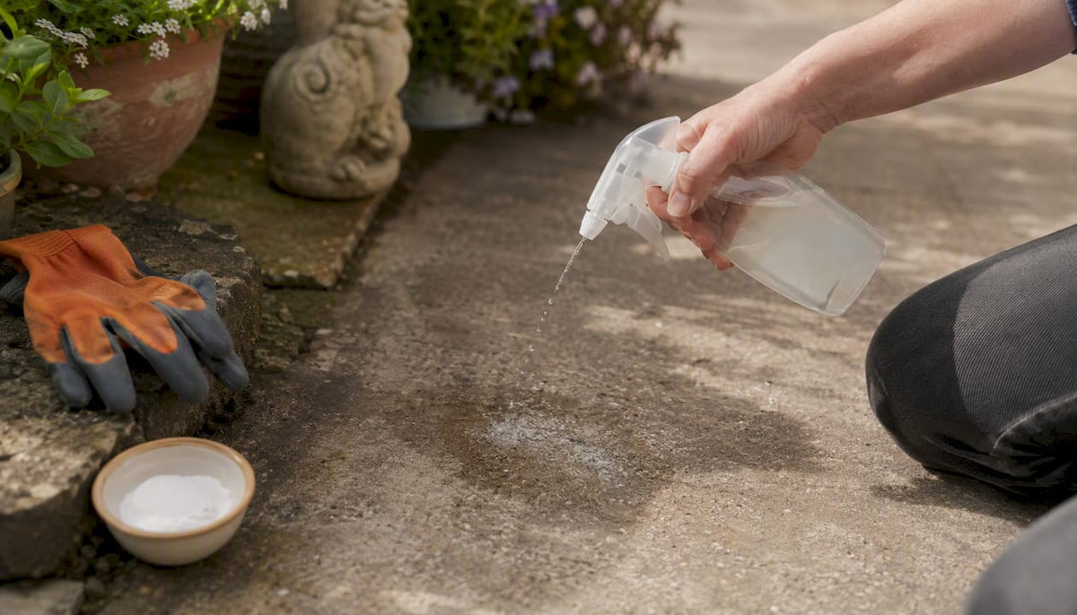 Applying enzyme cleaner to dog urine stain on concrete