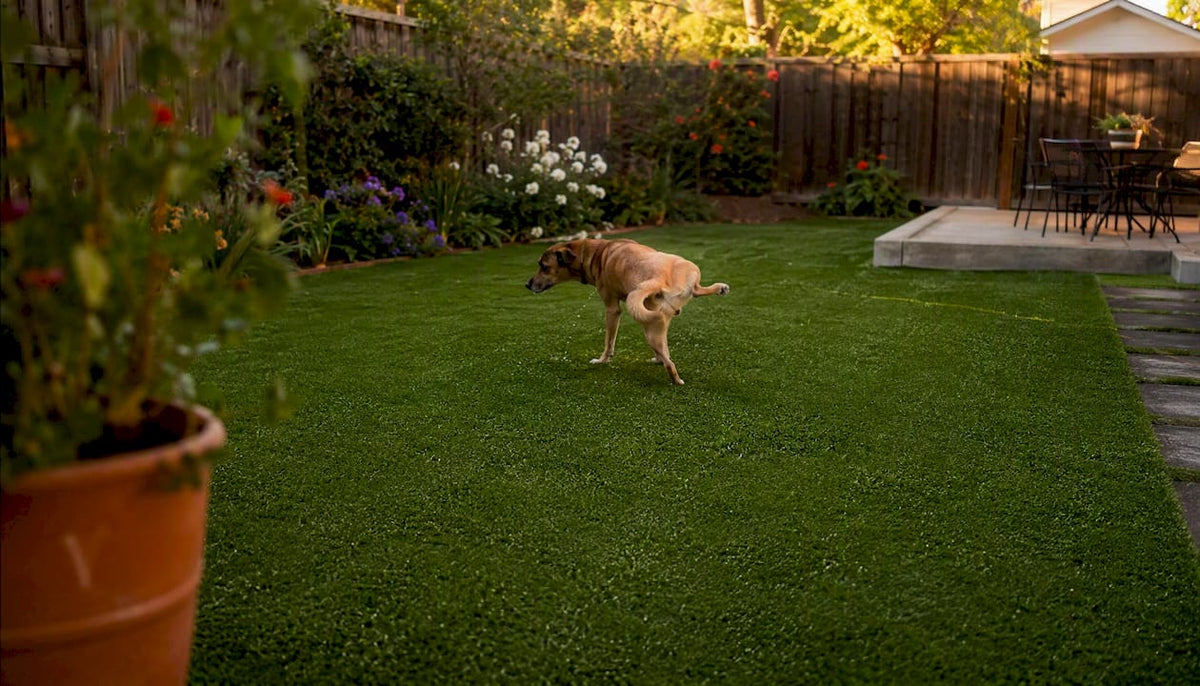 Dog urinating on artificial grass wet patch