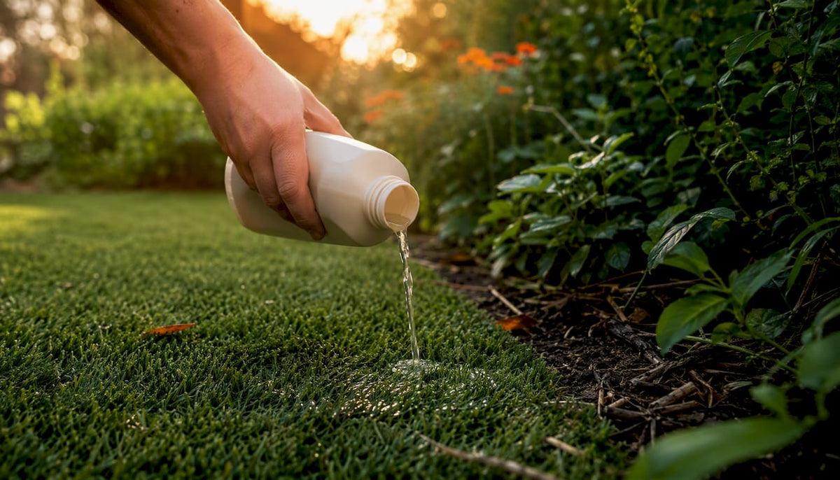 Hand pouring enzyme cleaner on artificial grass