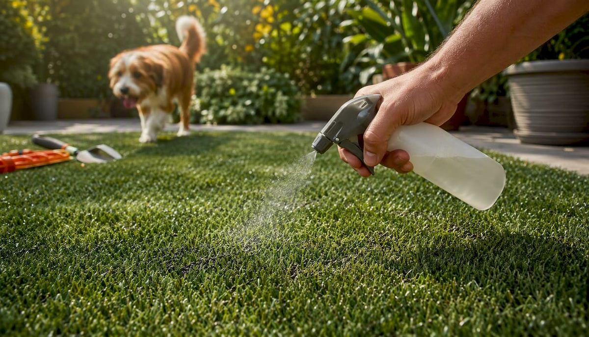 Hand spraying enzyme cleaner on artificial grass