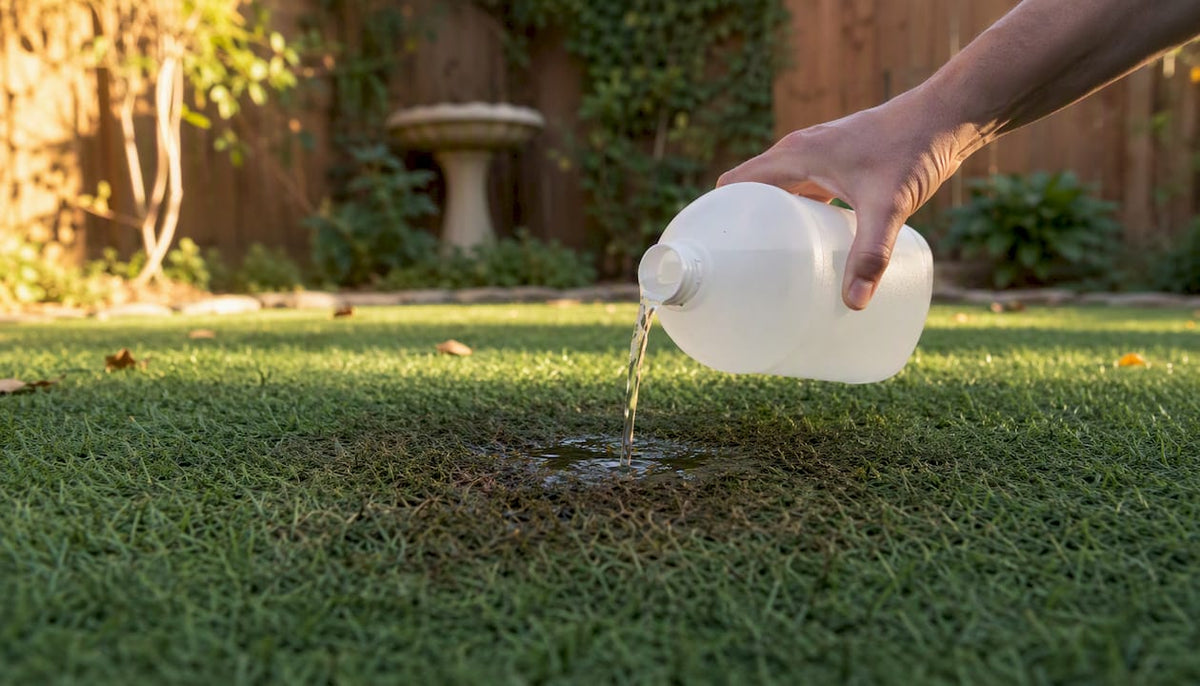 Hand pouring enzyme cleaner on artificial grass