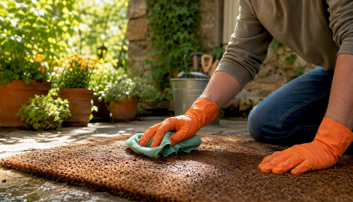 Person blotting urine from doormat outdoors
