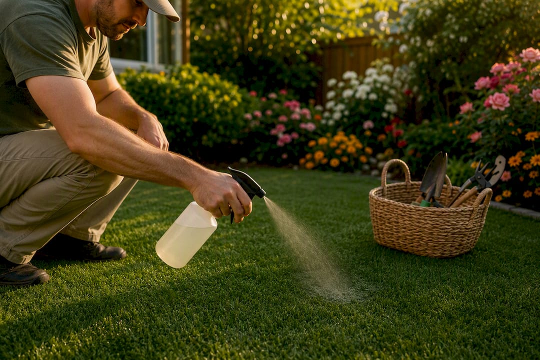 Pouring vinegar solution on artificial grass