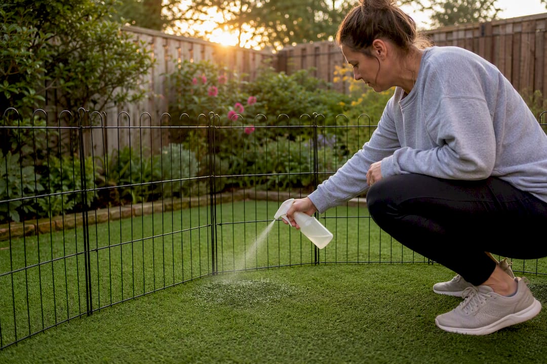 Person spraying enzyme cleaner on kennel turf