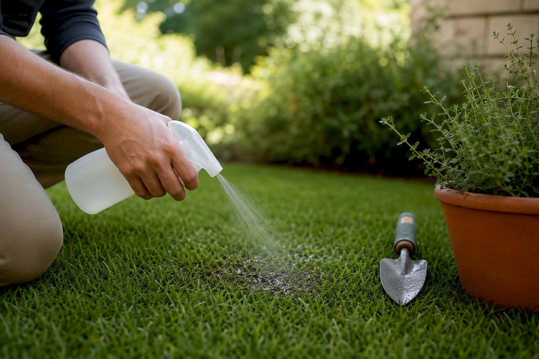 Hands spraying enzyme cleaner on artificial turf