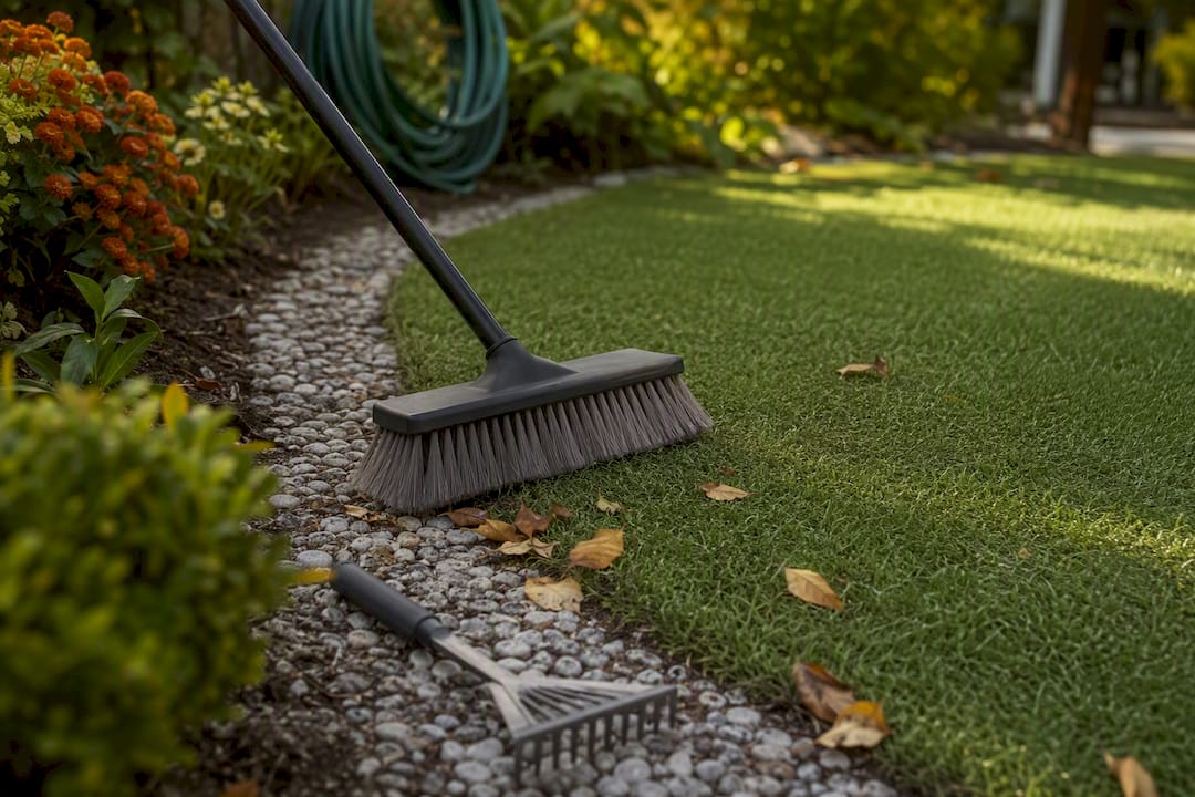 Turf brush cleaning synthetic grass in garden